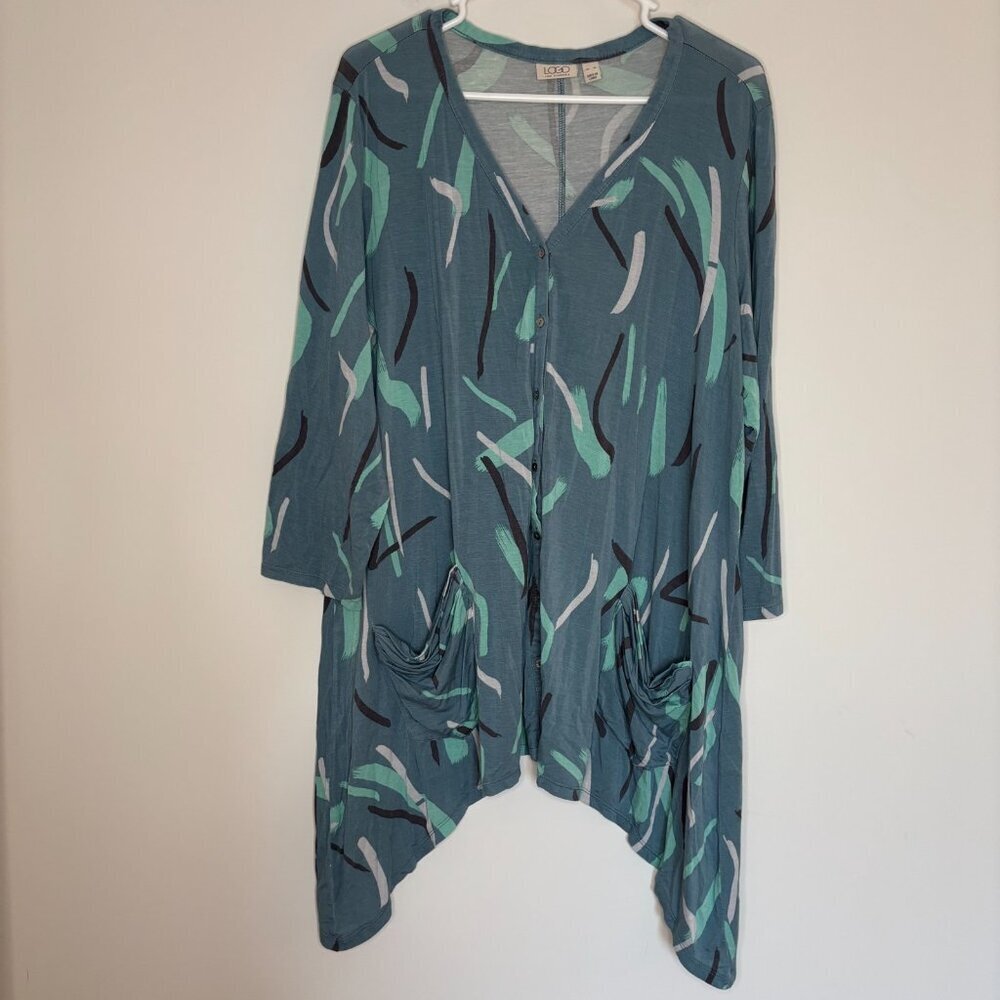 LOGO Lori Goldstein Asymmetric Cardigan Women XL Soft Flowy Pocket Blue Green - Picture 6 of 7